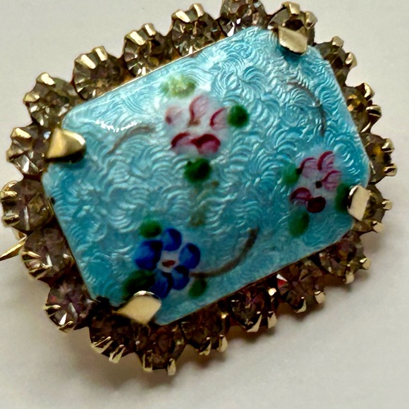 Vintage Guilloche Mid Century Rectangular Enamel Rhinestone Pin Blue Small 50’s - Picture 6 of 14